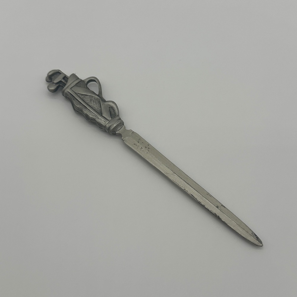 Vintage Golf Bag and Clubs Letter Opener Pewter Style Desk Accessory Silver Tone